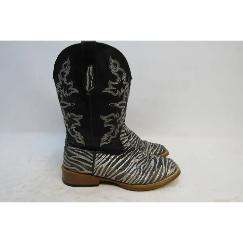 Roper Brand Youth Size 2 M Black Zebra Print Cowboy Western Boots